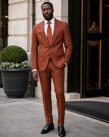 Rust Silk Blend Shawl Lapel Suit - Custom Made to Measure front view