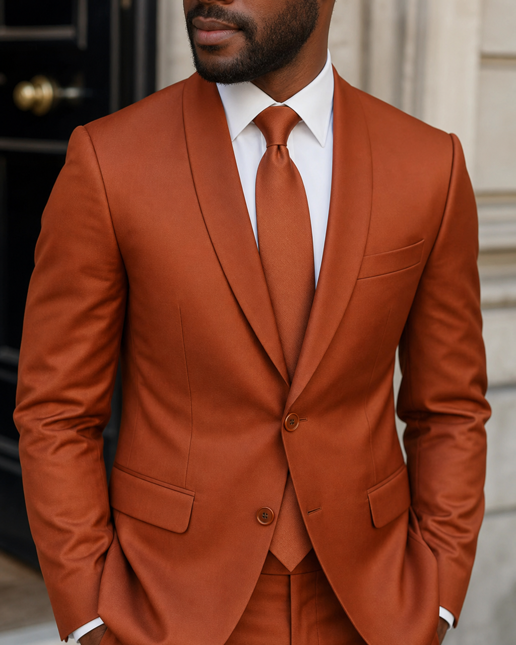 Rust Silk Blend Shawl Lapel Suit - Custom Made to Measure lapel chest close up