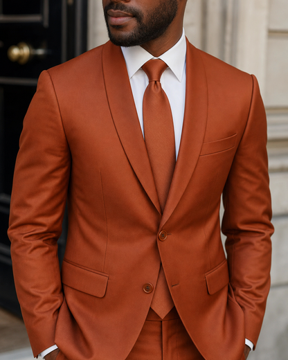 Rust Silk Blend Shawl Lapel Suit - Custom Made to Measure lapel chest close up