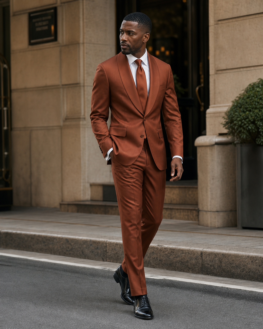 Rust Silk Blend Shawl Lapel Suit - Custom Made to Measure side three quarter view