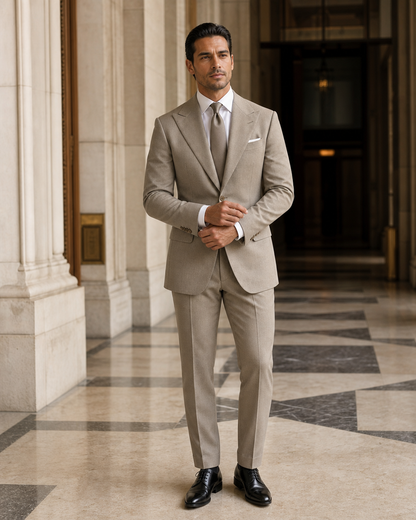 Sage Beige Cashmere Blend Winter Suit - Custom Made to Measure front view