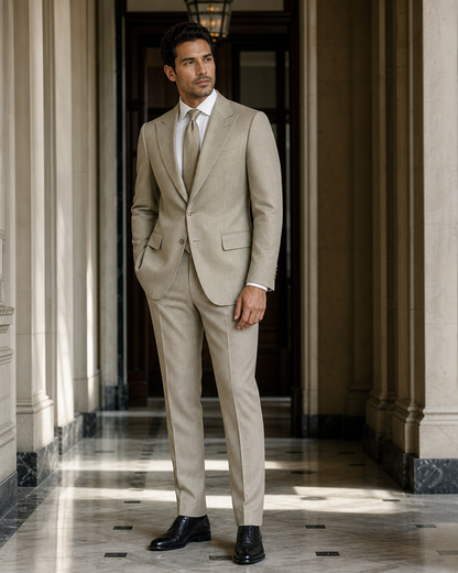 Sage Beige Cashmere Blend Winter Suit - Custom Made to Measure side back view