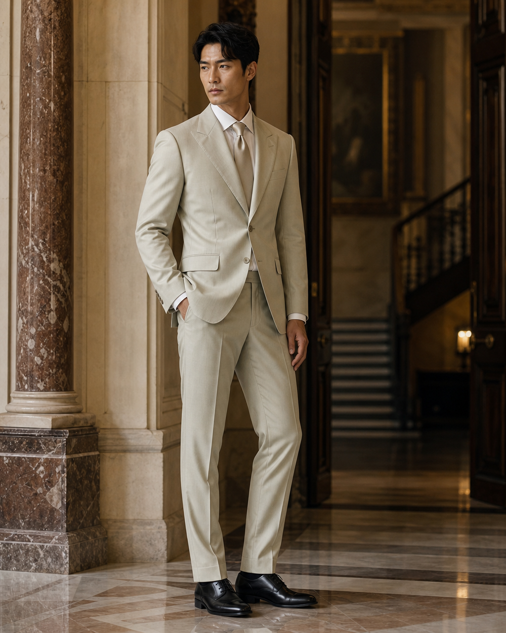 Sage Beige Cotton Beach Wedding Suit - Custom Made to Measure side back view