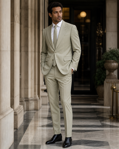 Sage Beige Cotton Outdoor Wedding Suit - Custom Made to Measure side back view