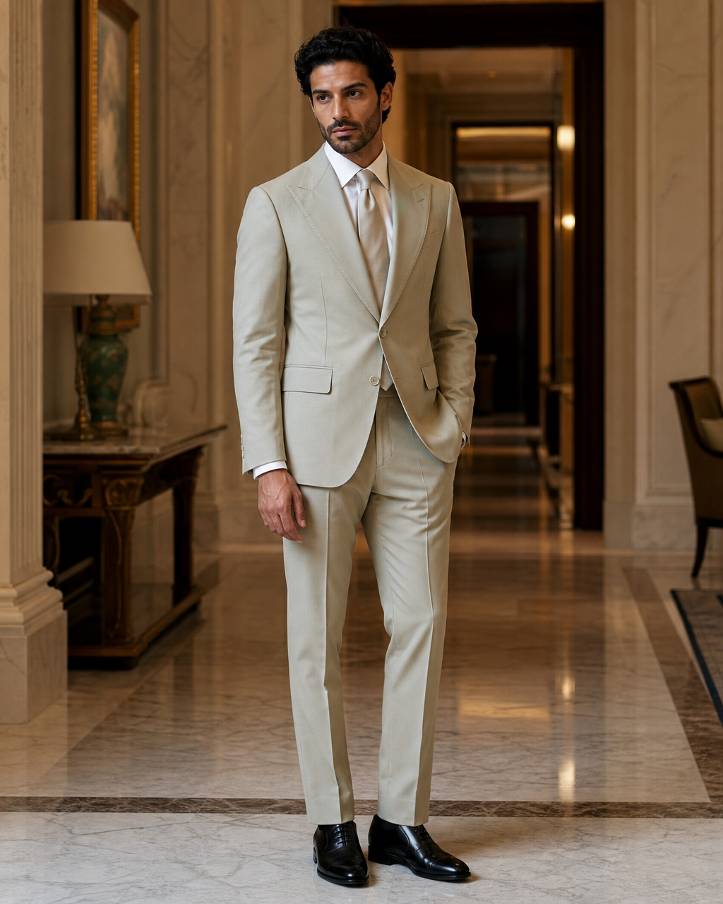 Sage Beige Cotton Summer Suit - Custom Made to Measure side back view