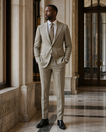 Sage Beige Flannel Winter Suit - Custom Made to Measure side back view