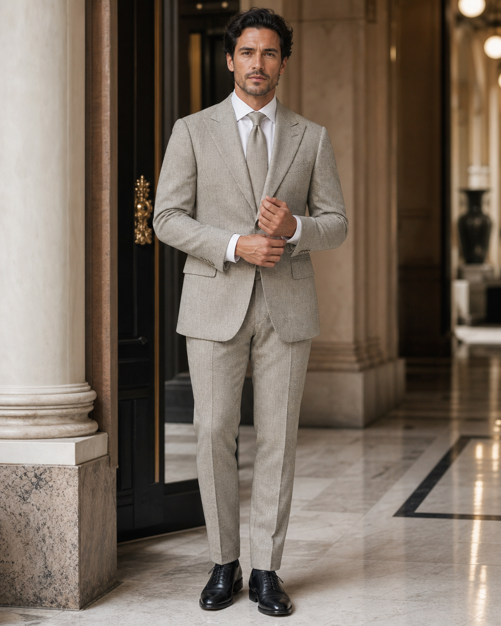 Sage Beige Herringbone Winter Suit - Custom Made to Measure front view