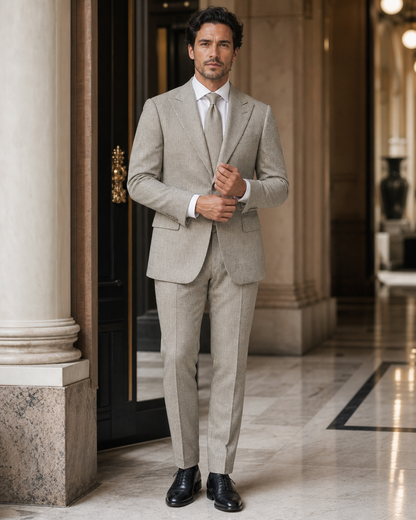 Sage Beige Herringbone Winter Suit - Custom Made to Measure front view