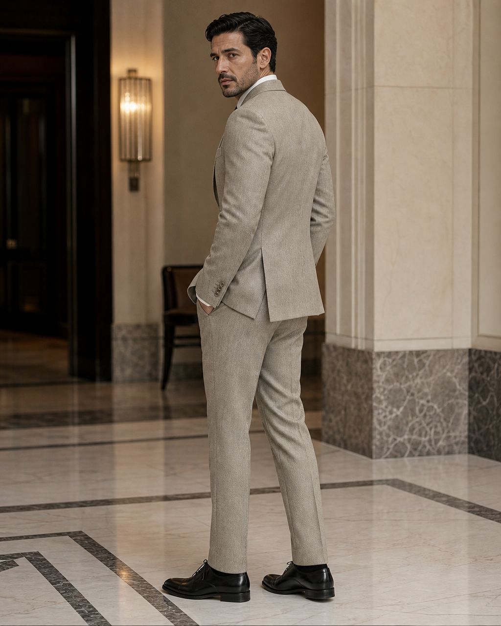 Sage Beige Herringbone Winter Suit - Custom Made to Measure side back view