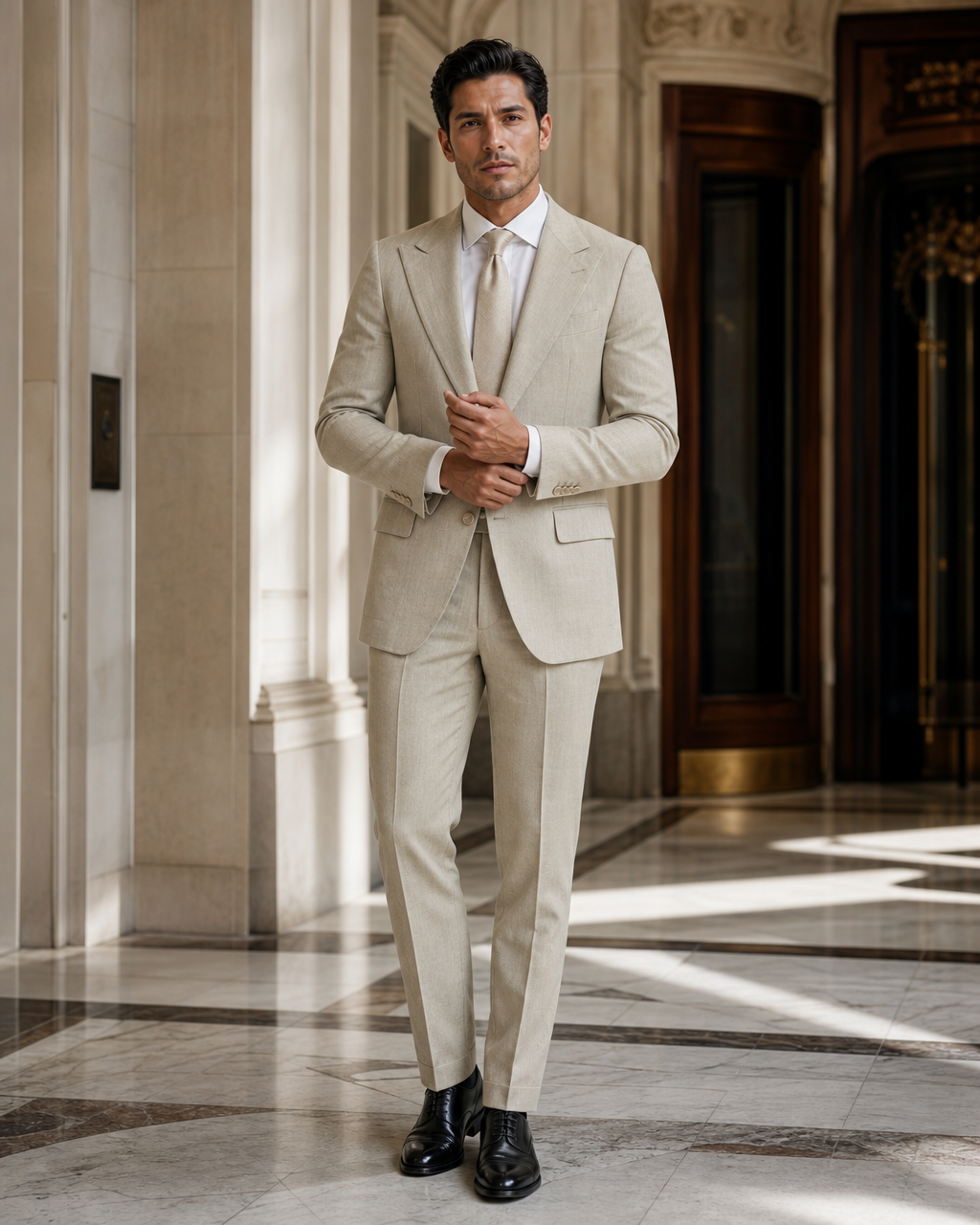 Sage Beige Linen Beach Wedding Suit - Custom Made to Measure front view