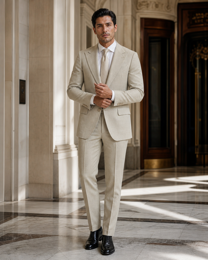Sage Beige Linen Beach Wedding Suit - Custom Made to Measure front view