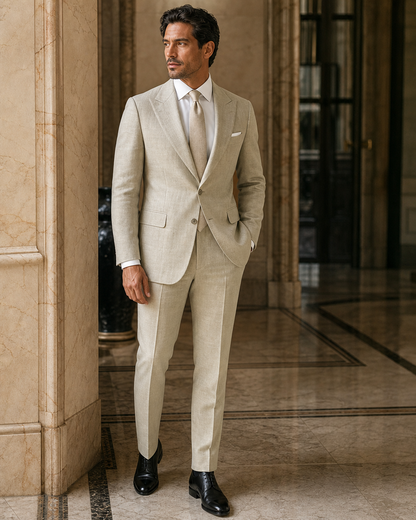 Sage Beige Linen Beach Wedding Suit - Custom Made to Measure side back view
