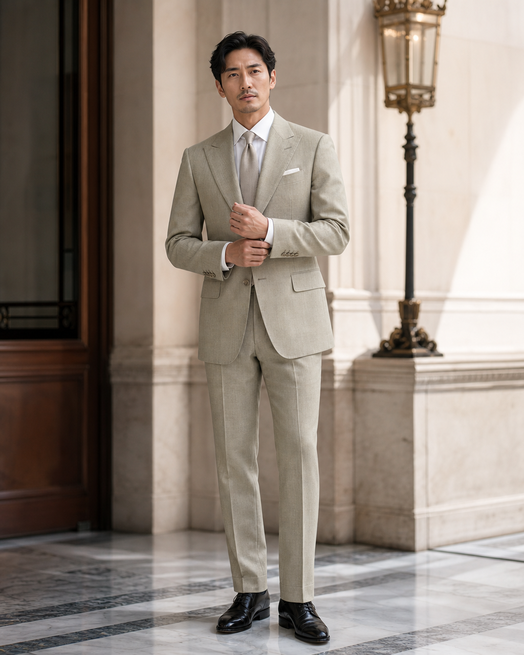 Sage Beige Linen Outdoor Wedding Suit - Custom Made to Measure front view