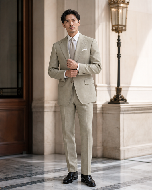 Sage Beige Linen Outdoor Wedding Suit - Custom Made to Measure front view