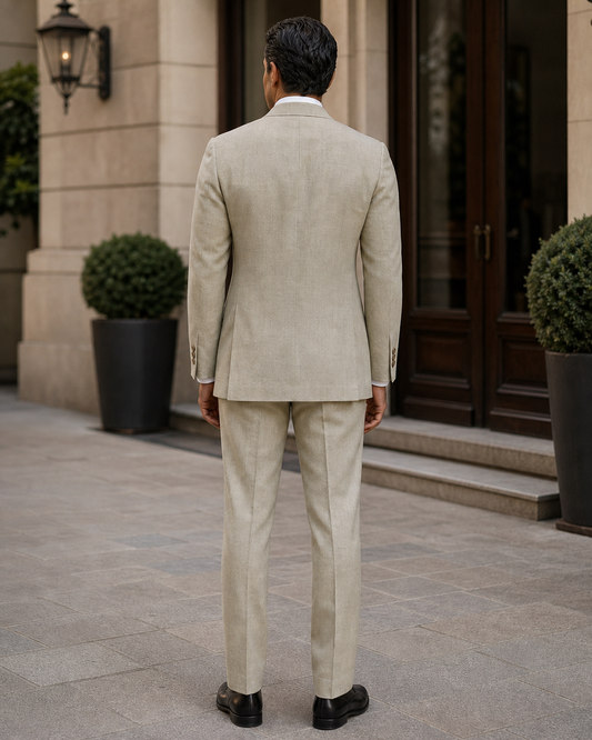 Sage Beige Linen Peak Lapel Suit - Custom Made to Measure back view
