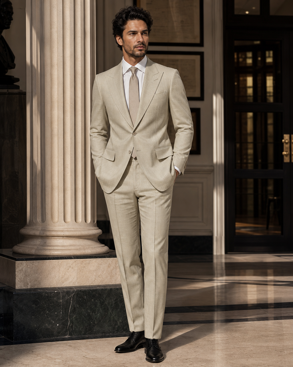 Sage Beige Linen Summer Suit - Custom Made to Measure side back view