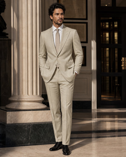 Sage Beige Linen Summer Suit - Custom Made to Measure side back view