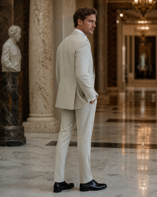 Sage Beige Seersucker Beach Wedding Suit - Custom Made to Measure side back view