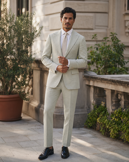 Sage Beige Seersucker Outdoor Wedding Suit — Custom Made to Measure front view