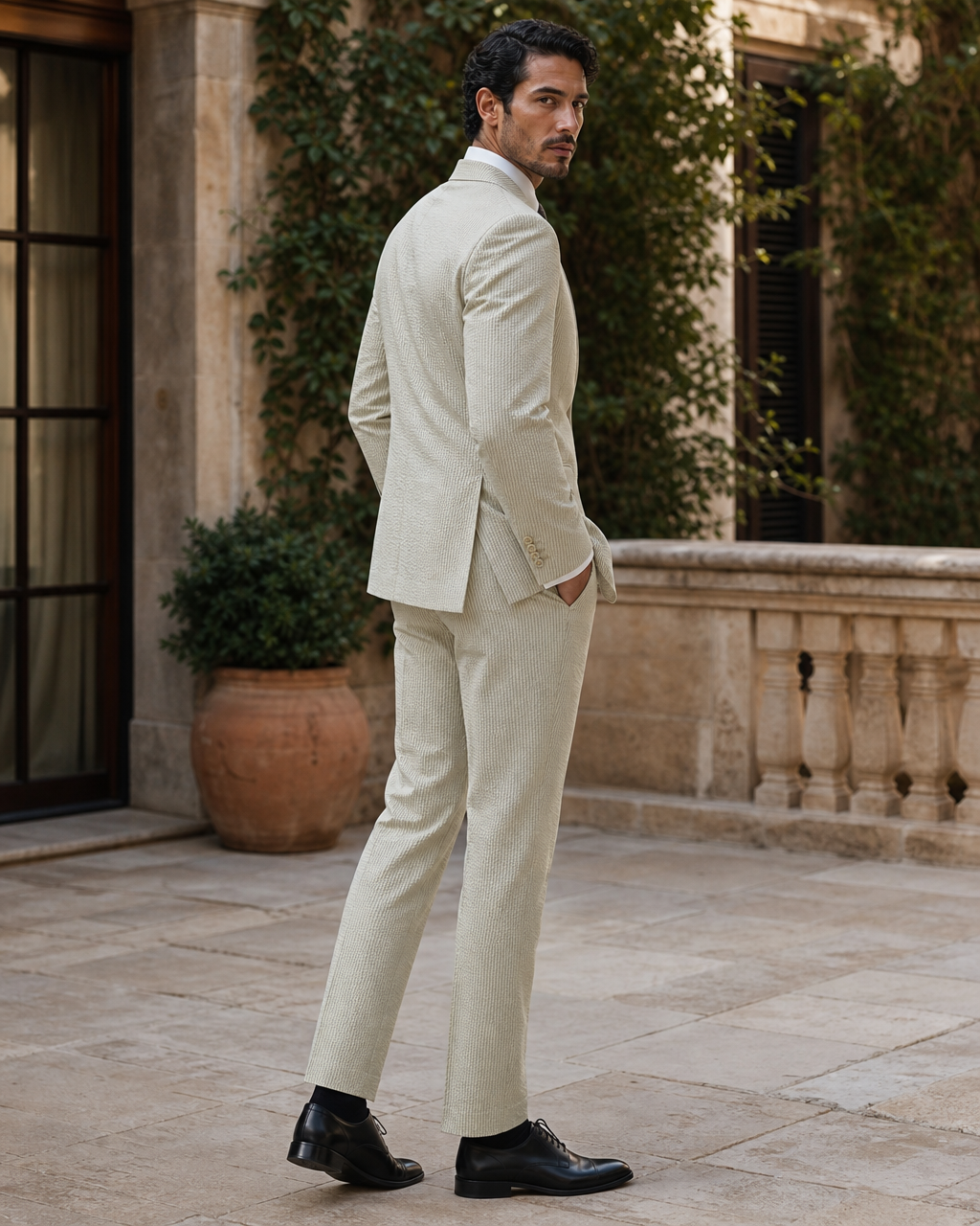 Sage Beige Seersucker Outdoor Wedding Suit — Custom Made to Measure side back view