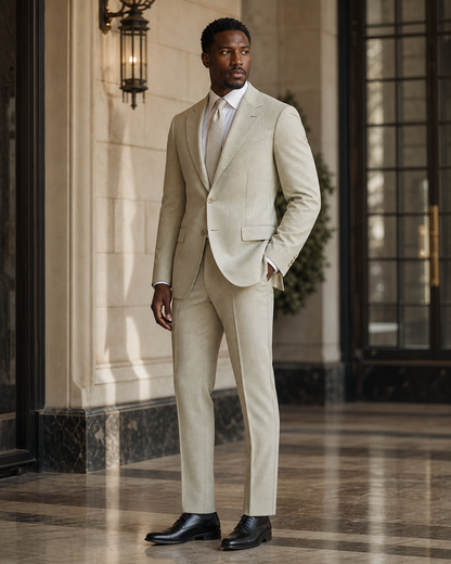 Sage Beige Seersucker Summer Suit - Custom Made to Measure side back view