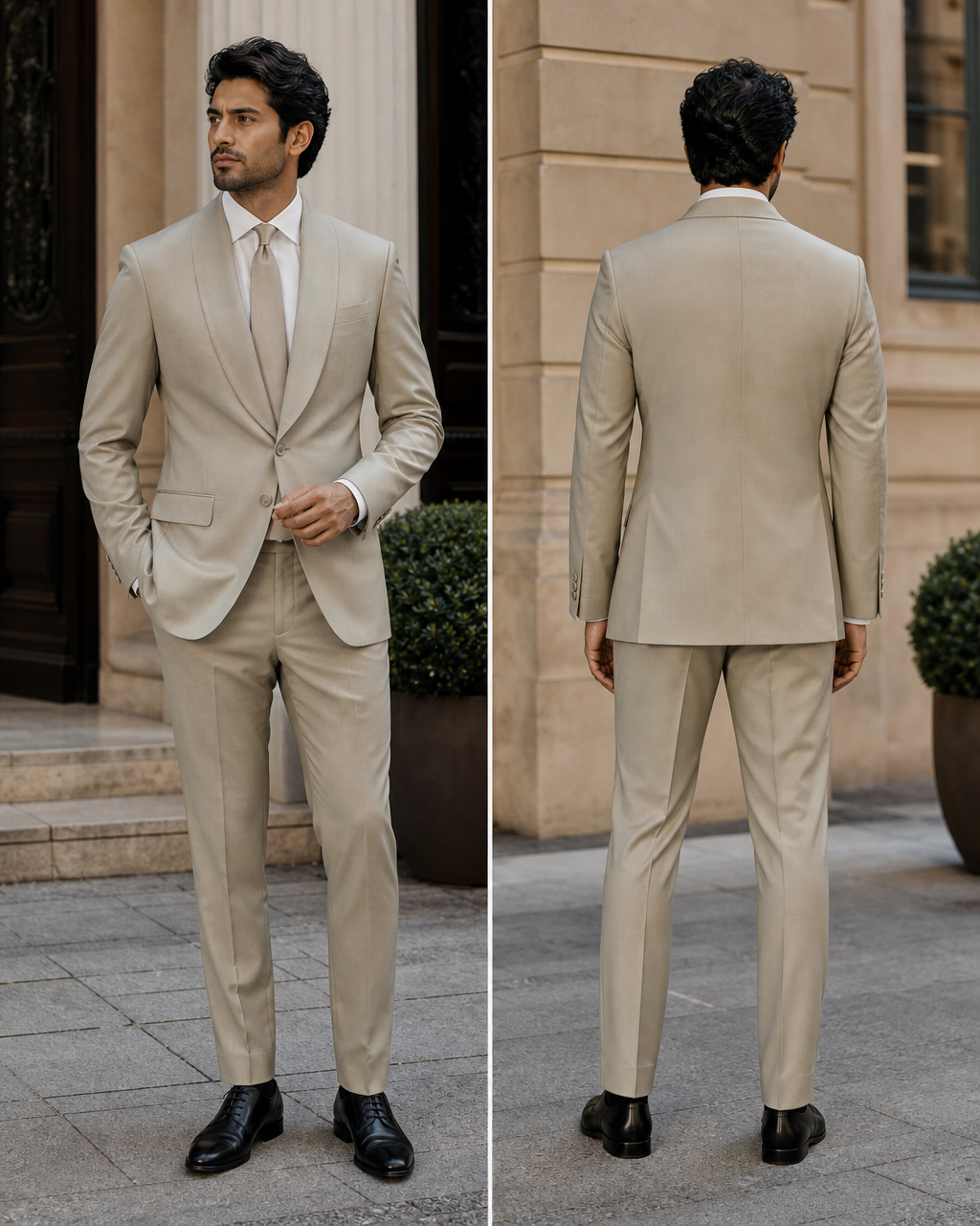 Sage Beige Silk Blend Shawl Lapel Suit - Custom Made to Measure back view