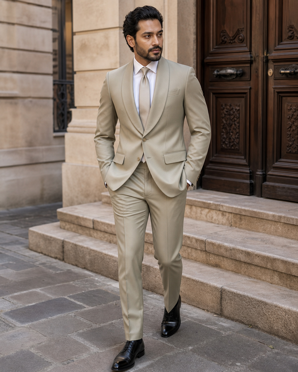 Sage Beige Silk Blend Shawl Lapel Suit - Custom Made to Measure craftsmanship detail close up