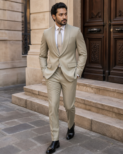 Sage Beige Silk Blend Shawl Lapel Suit - Custom Made to Measure craftsmanship detail close up