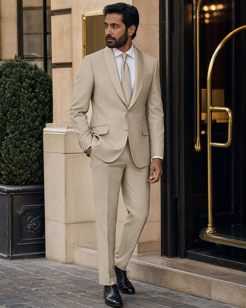 Sage Beige Silk Blend Shawl Lapel Suit - Custom Made to Measure fabric texture close up