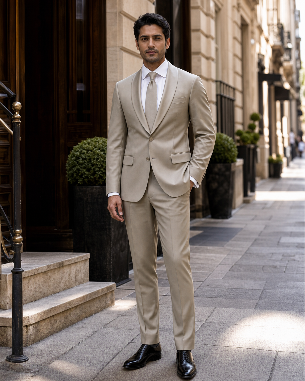 Sage Beige Silk Blend Shawl Lapel Suit - Custom Made to Measure front view