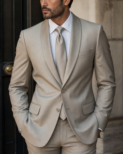 Sage Beige Silk Blend Shawl Lapel Suit - Custom Made to Measure lapel chest close up