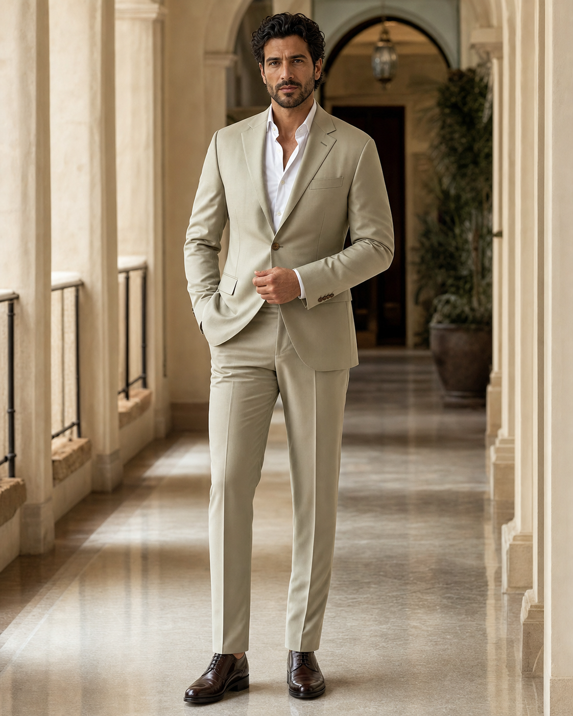 Sage Beige Silk Blend Wedding Suit - Custom Made to Measure - Front View