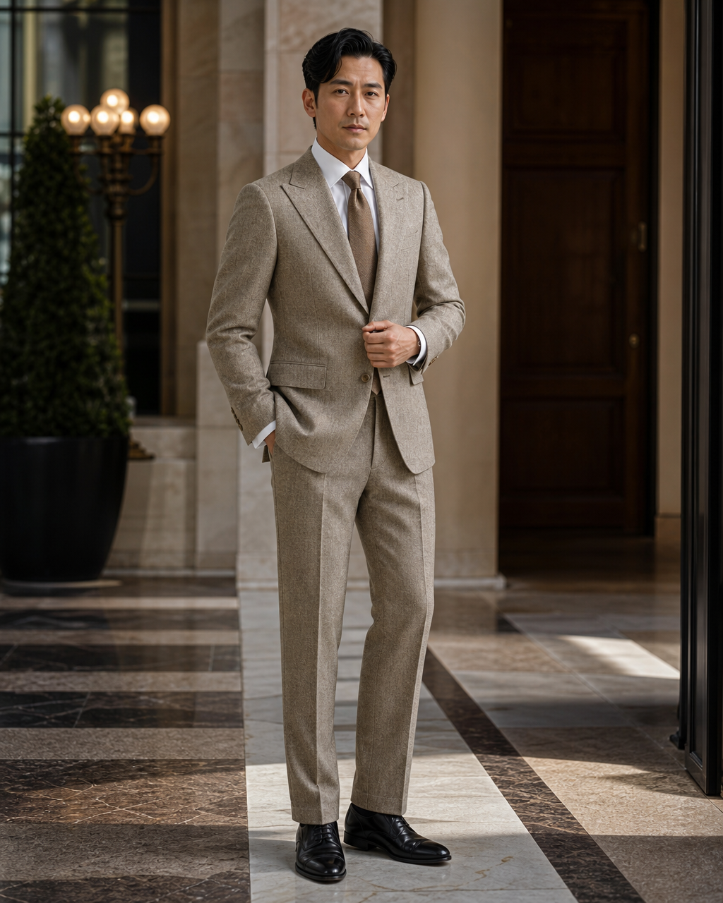 Sage Beige Tweed Winter Suit - Custom Made to Measure front view