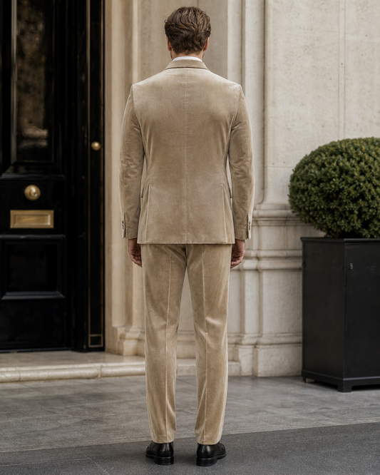 Sage Beige Velvet Shawl Lapel Suit - Custom Made to Measure back view