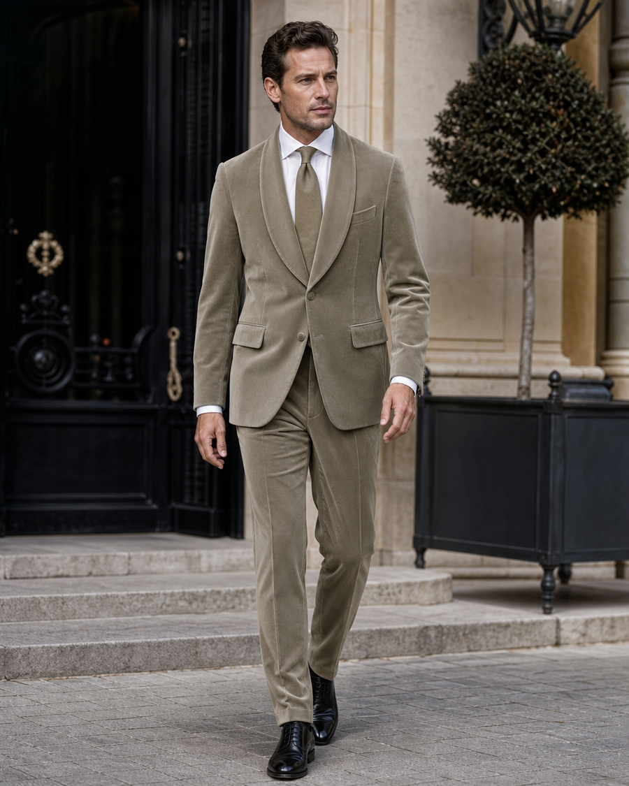 Sage Beige Velvet Shawl Lapel Suit — Custom Made to Measure