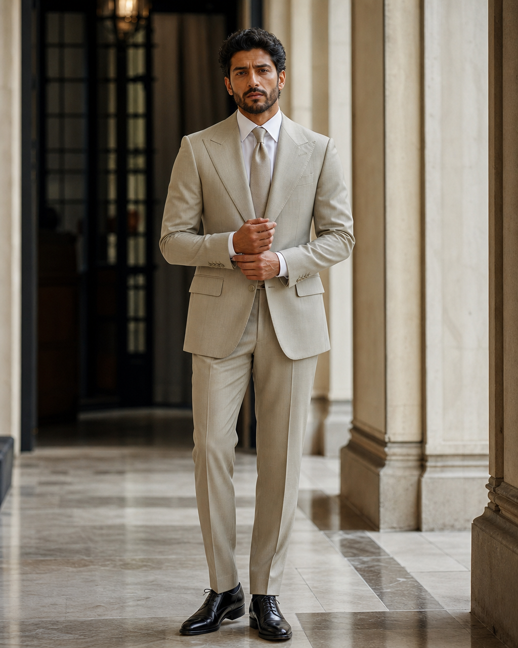 Sage Beige Wool Outdoor Wedding Suit - Custom Made to Measure front view