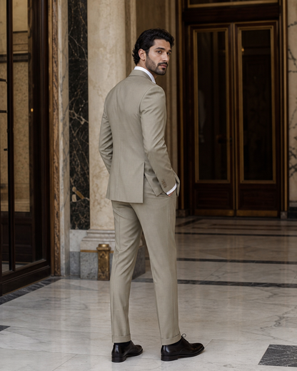 Sage Beige Wool Outdoor Wedding Suit - Custom Made to Measure side back view