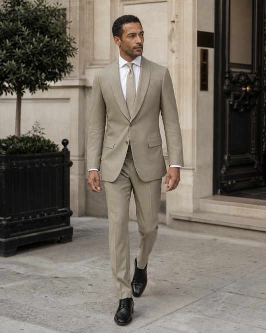Sage Beige Wool Shawl Lapel Suit - Custom Made to Measure front view