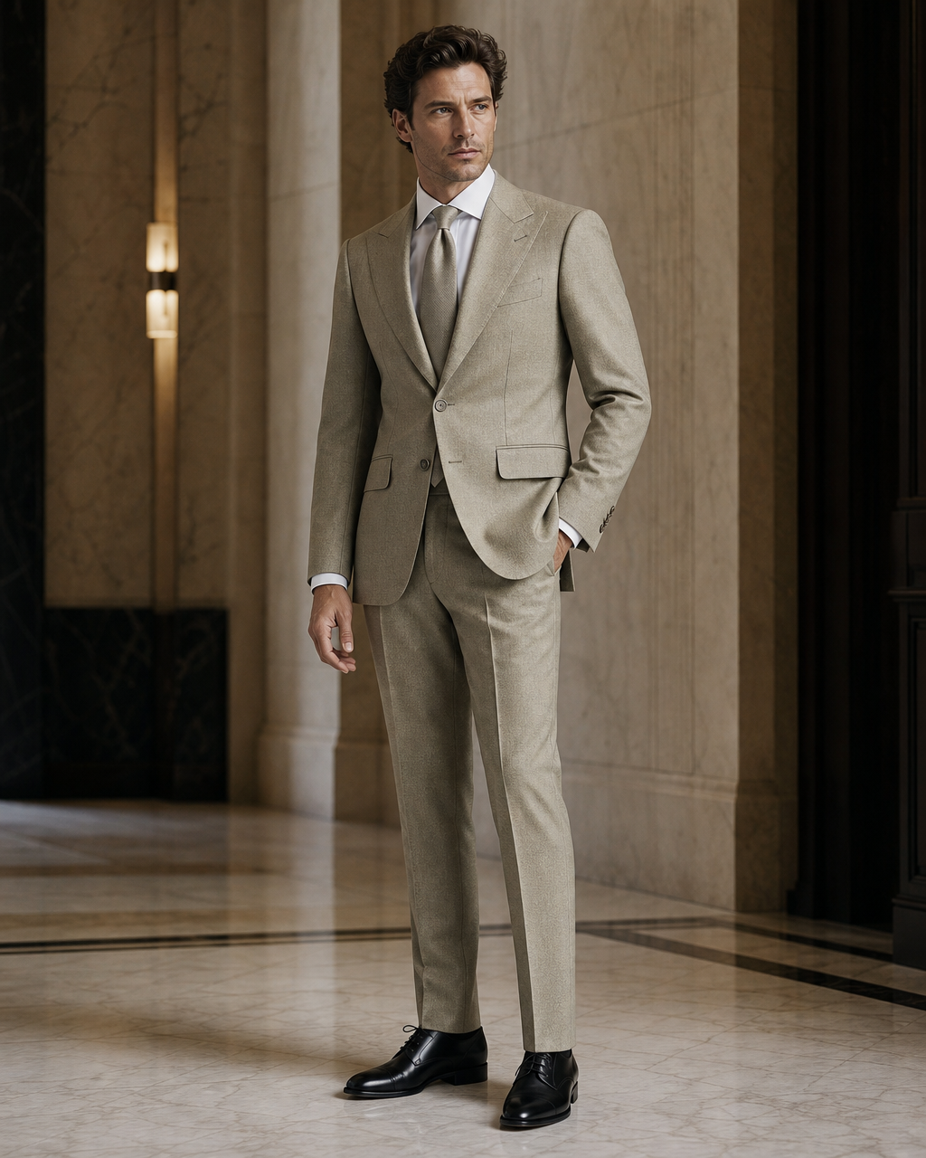 Sage Beige Wool Winter Suit - Custom Made to Measure side back view