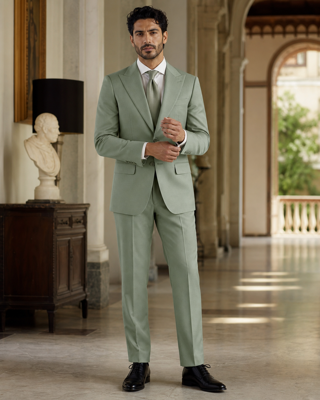 Sage Green Cotton Beach Wedding Suit - Custom Made to Measure front view