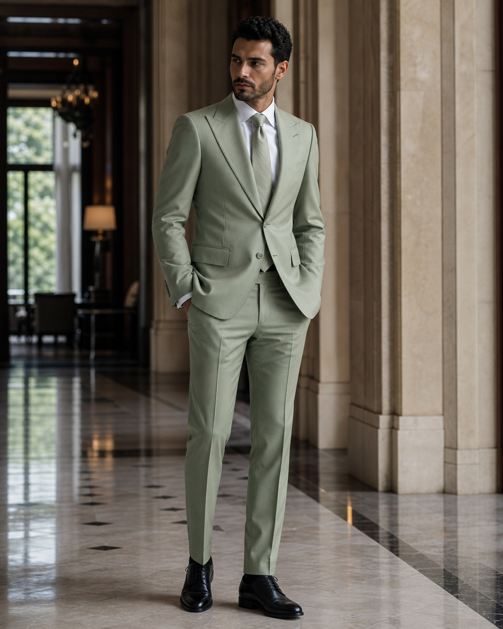 Sage Green Cotton Beach Wedding Suit - Custom Made to Measure side back view