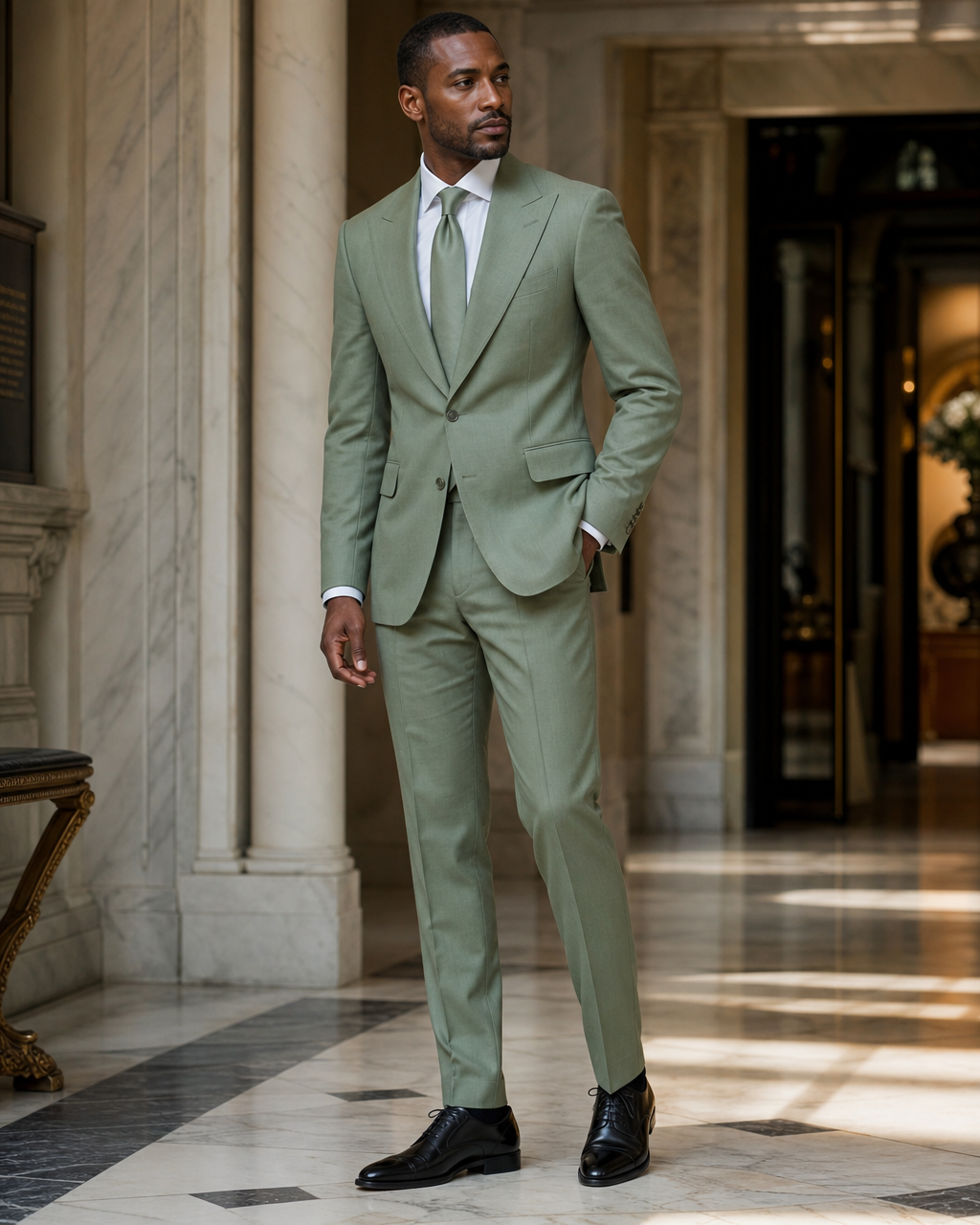Sage Green Cotton Outdoor Wedding Suit - Custom Made to Measure side back view