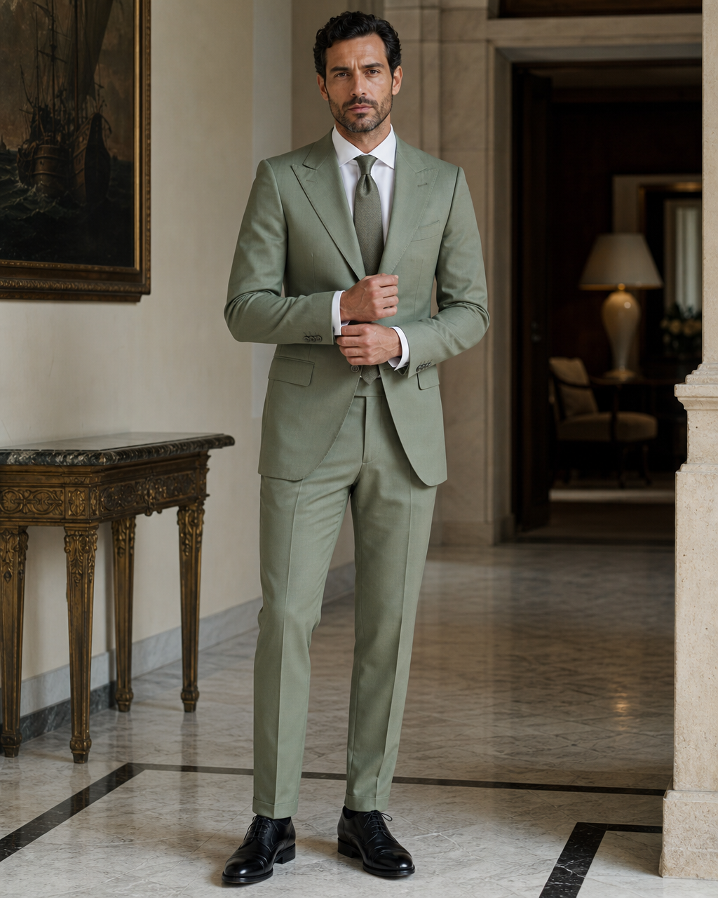 Sage Green Cotton Summer Suit - Custom Made to Measure front view