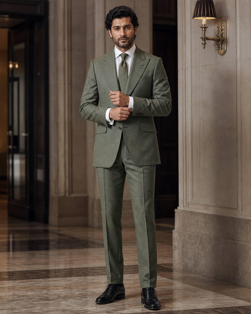 Sage Green Flannel Winter Suit - Custom Made to Measure front view