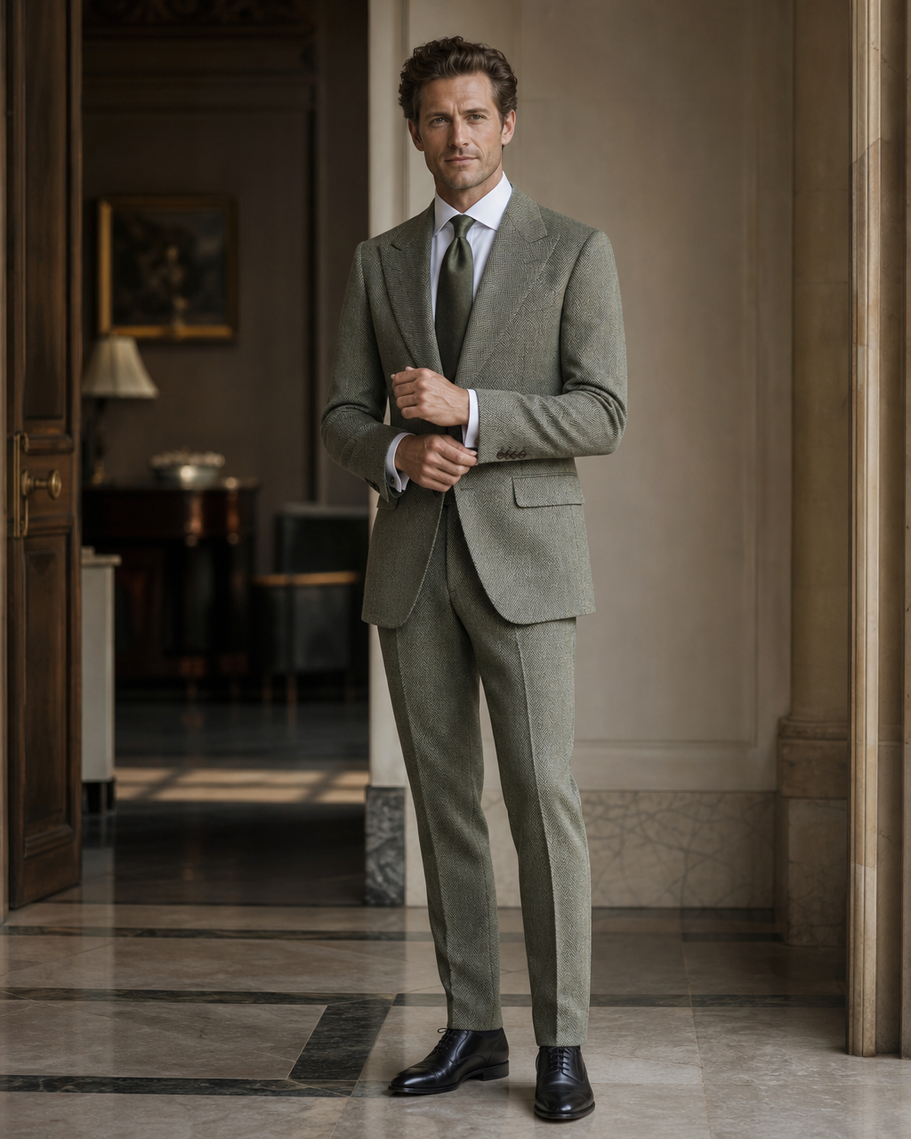 Sage Green Herringbone Winter Suit - Custom Made to Measure front view