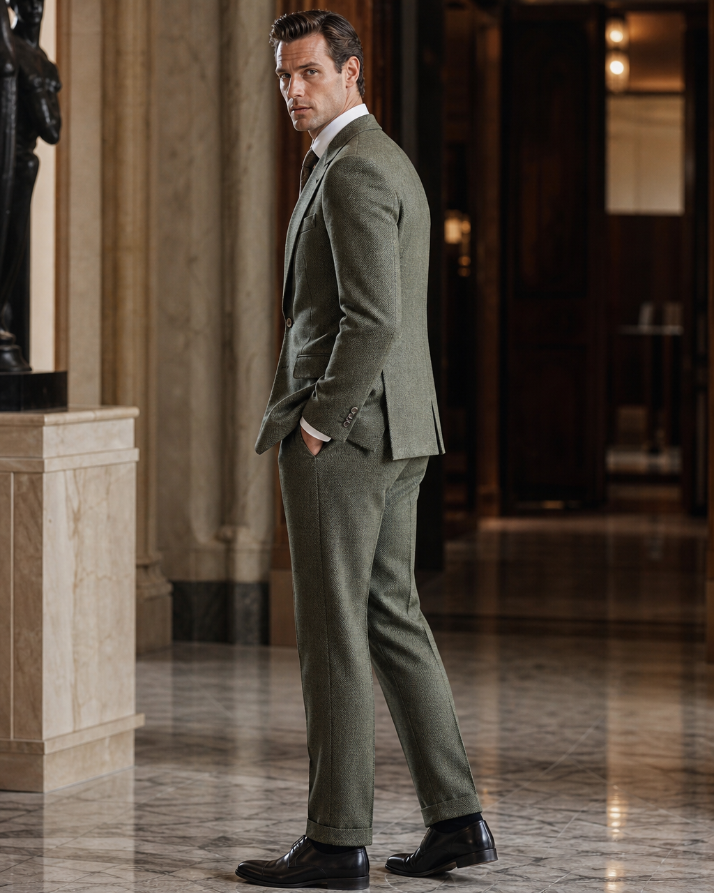 Sage Green Herringbone Winter Suit - Custom Made to Measure side back view