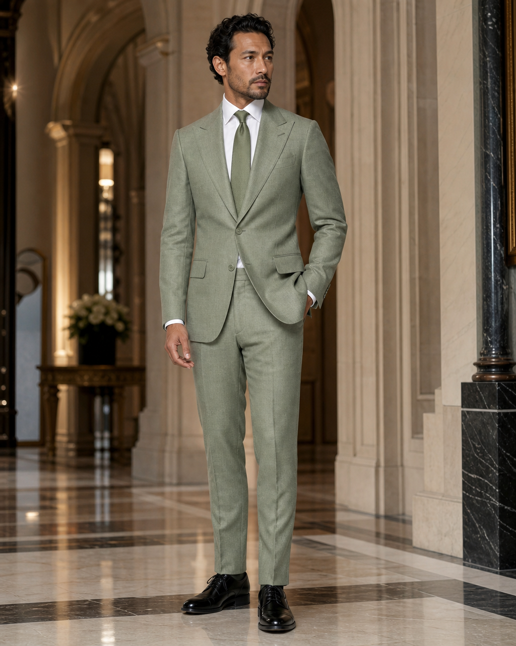 Sage Green Linen Beach Wedding Suit - Custom Made to Measure side back view
