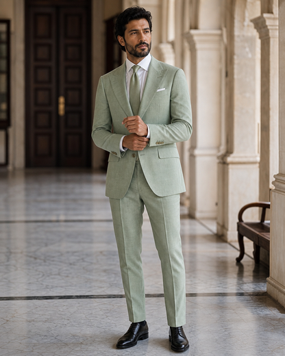 Sage Green Linen Outdoor Wedding Suit - Custom Made to Measure front view
