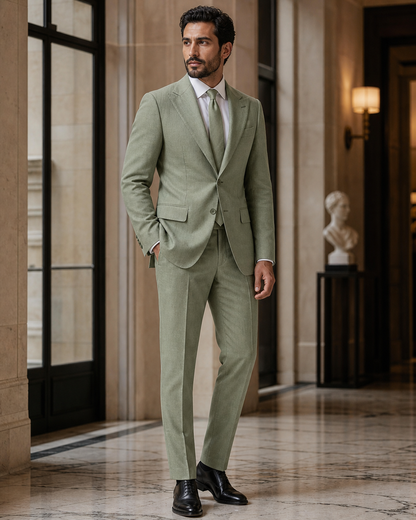 Sage Green Linen Outdoor Wedding Suit - Custom Made to Measure side back view