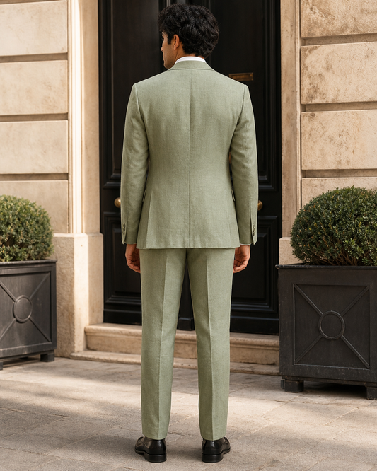 Sage Green Linen Peak Lapel Suit - Custom Made to Measure back view
